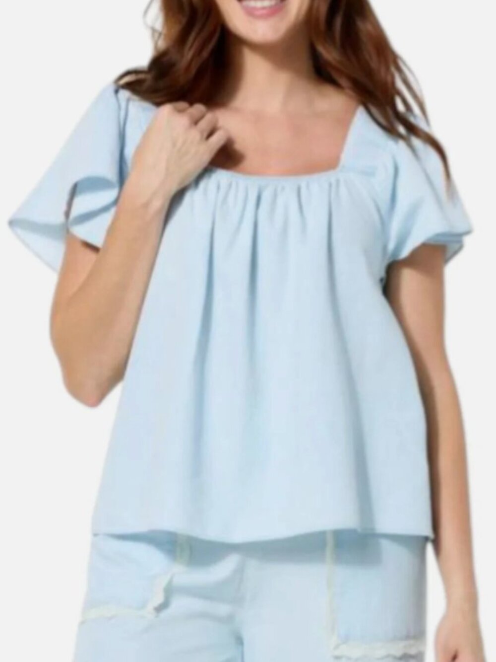 C Wonder Square Neck Flutter Sleeve Blouse